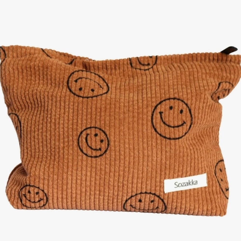 Corduroy Smiley Face Large Makeup Pouch Bag Makeup Organizer Bags Brown